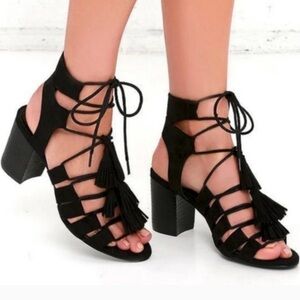 COCONUTS MATISSE Copa Tassel Lace Up Strappy Sandals Heel Suede Black 6